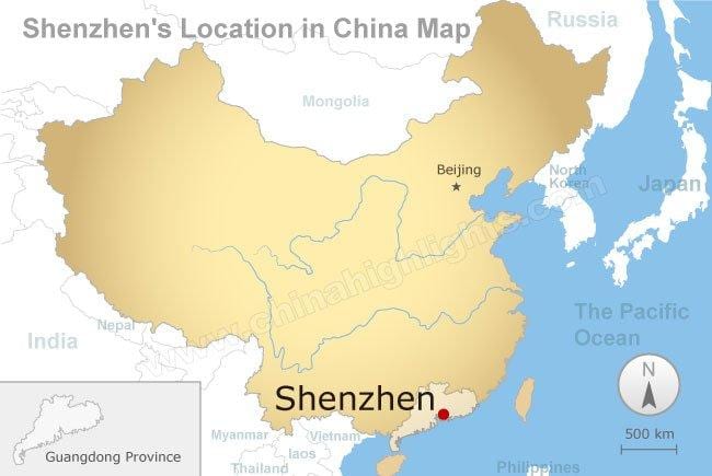 Shenzhen kokapena Txinan mapa